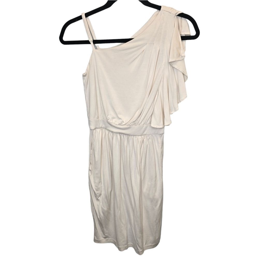 CO-OP Barneys New York Cream Asymmetrical Grecian Silk Dress with Pockets XS